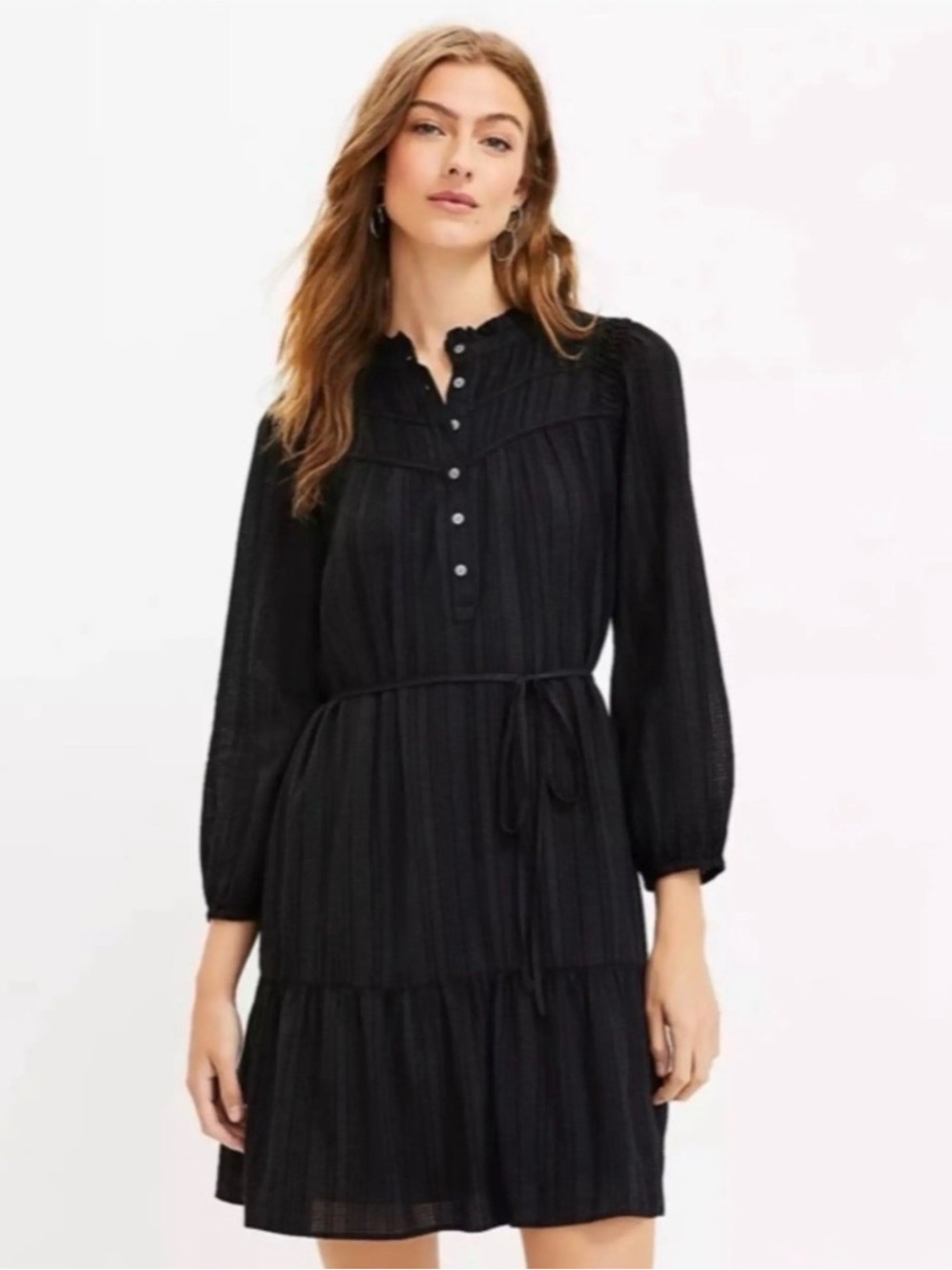 LOFT Black Long-Sleeve Tiered Ruffle Collar Dress
